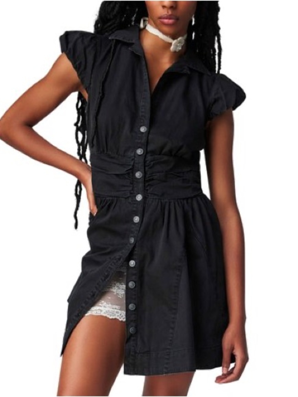 Free People | Chester Ruched Waist Denim Mini Dress, Medium
